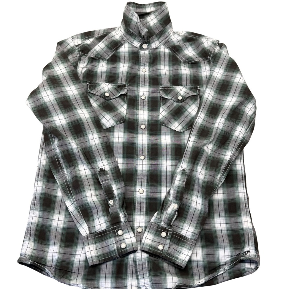 American Eagle Western Shirt Mens Small Green Plaid Excellent Pearl Snap Vintage